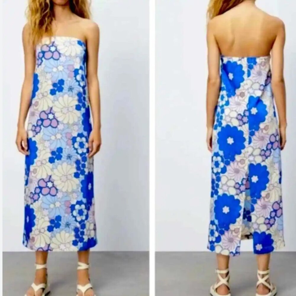 Zara Retro Mod Floral Print Strapless Midi Dress